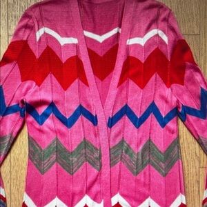 Vibrant Pink Chevron Knit Cardigan with Multicolor Accents